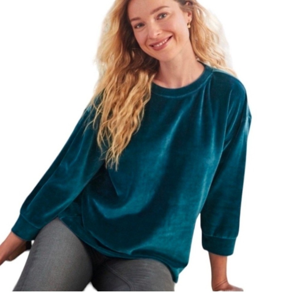 Garnet Hill‎ Velvet Moonrise Velour Teal Crew Neck Long Sleeve Sweatshirt Small
